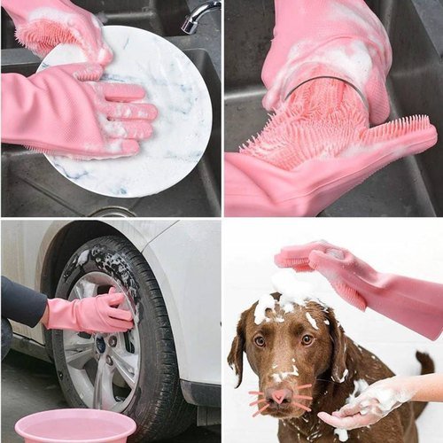 Magic Dish Washing Gloves with Scrubber | Reusable Silicone Cleaning Gloves - Mazmart