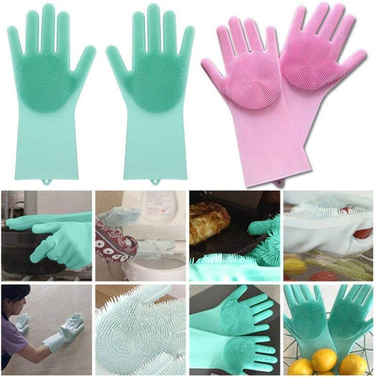 Magic Dish Washing Gloves with Scrubber | Reusable Silicone Cleaning Gloves - Mazmart